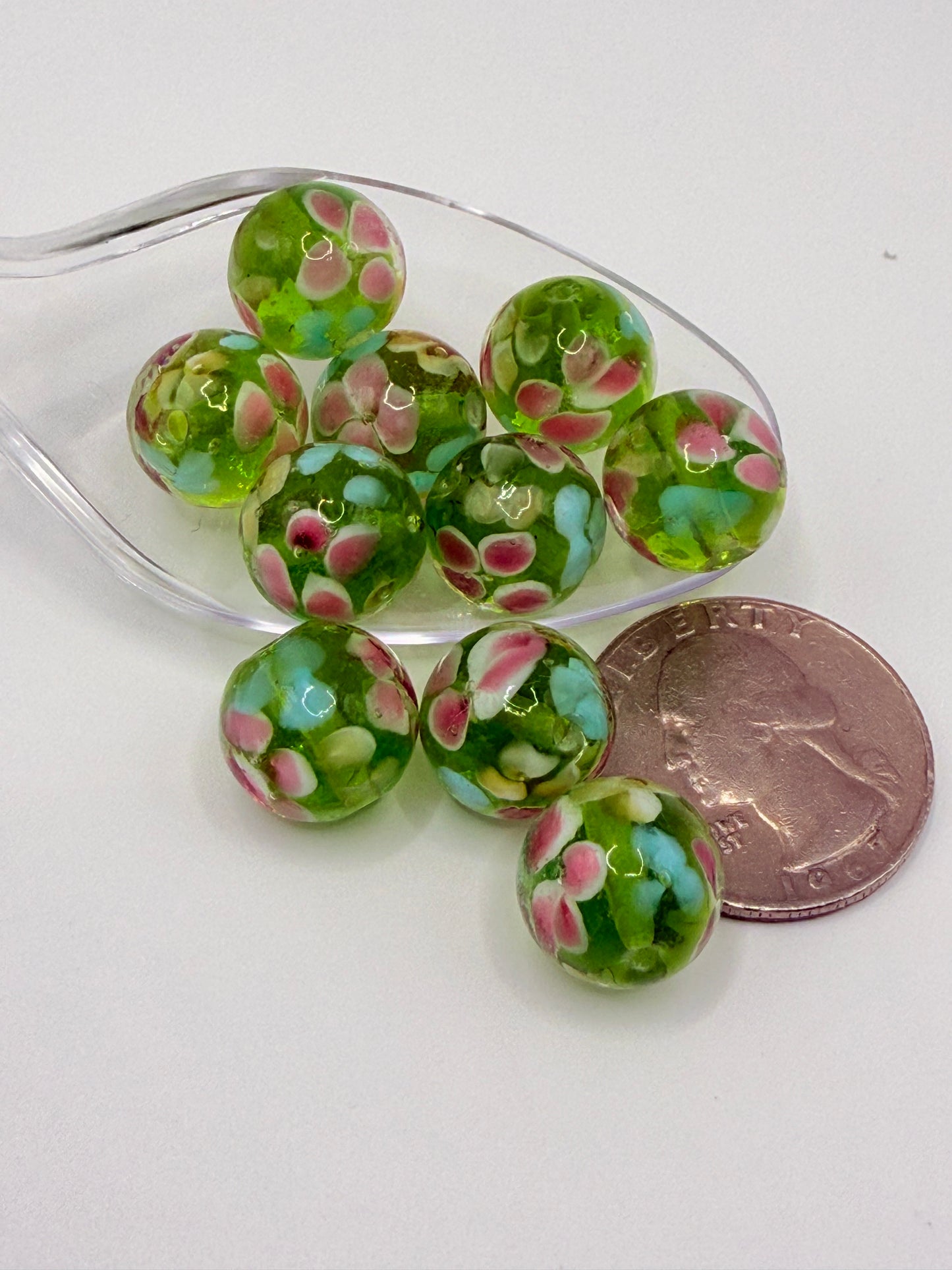 12mm green/pink floral beads