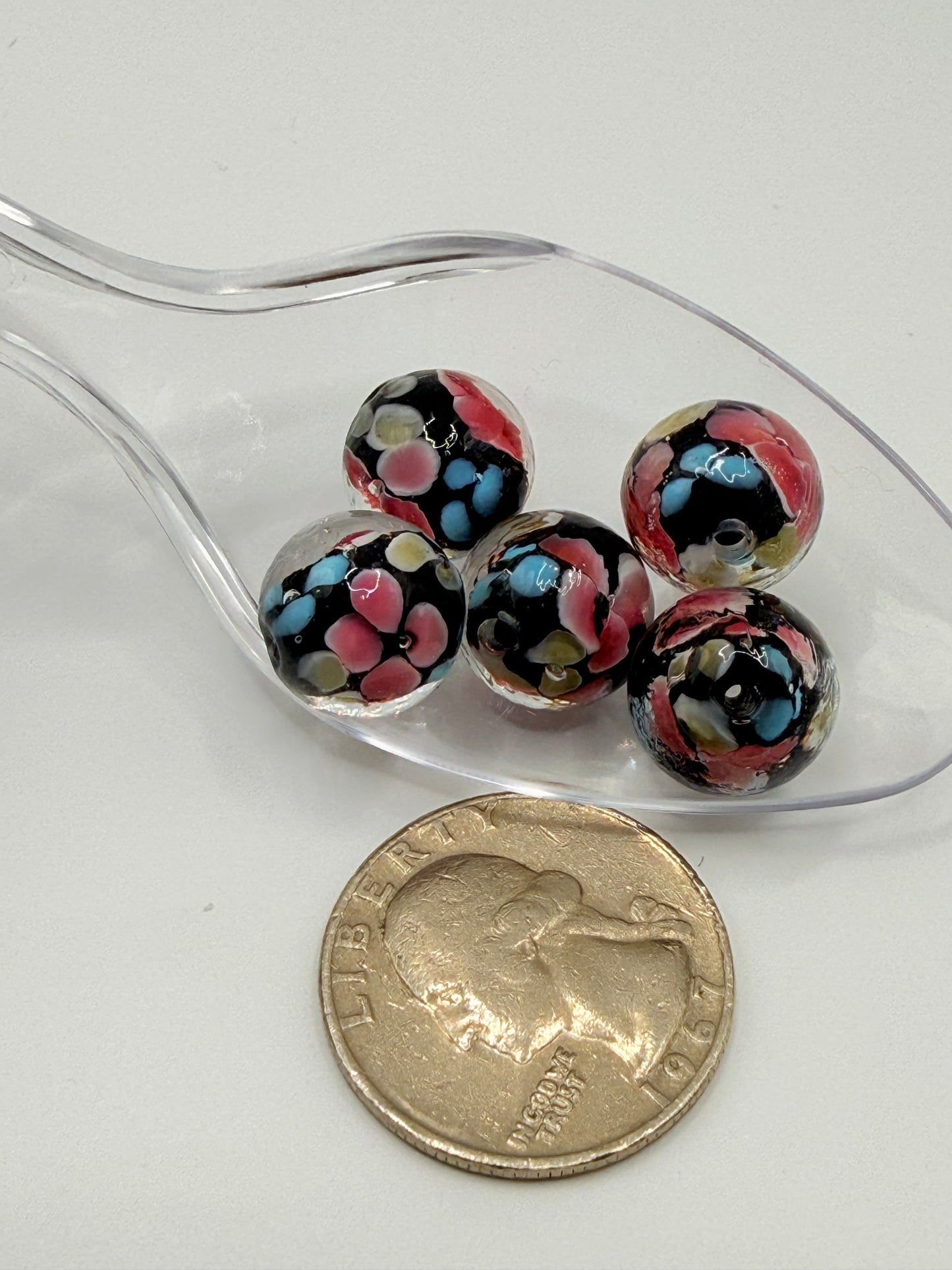 14mm pink/blue floral glass beads