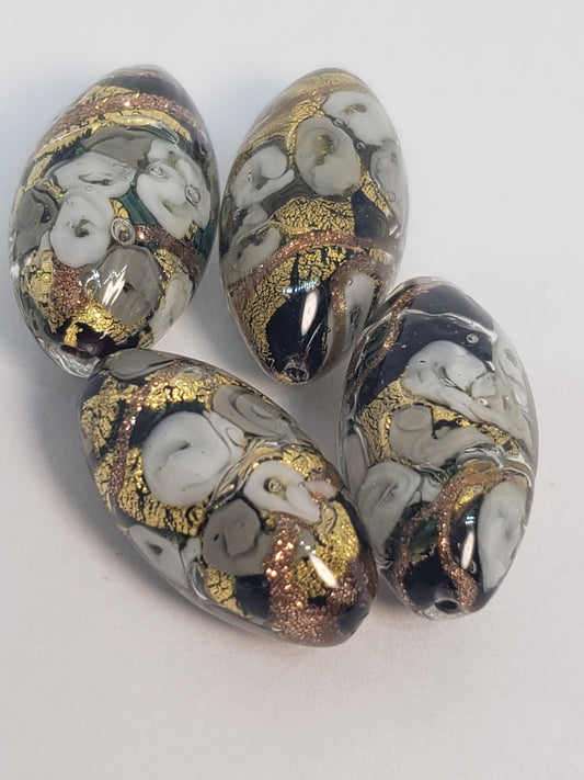Gray/Black Floral Oval Glass 12x22mm 1piece