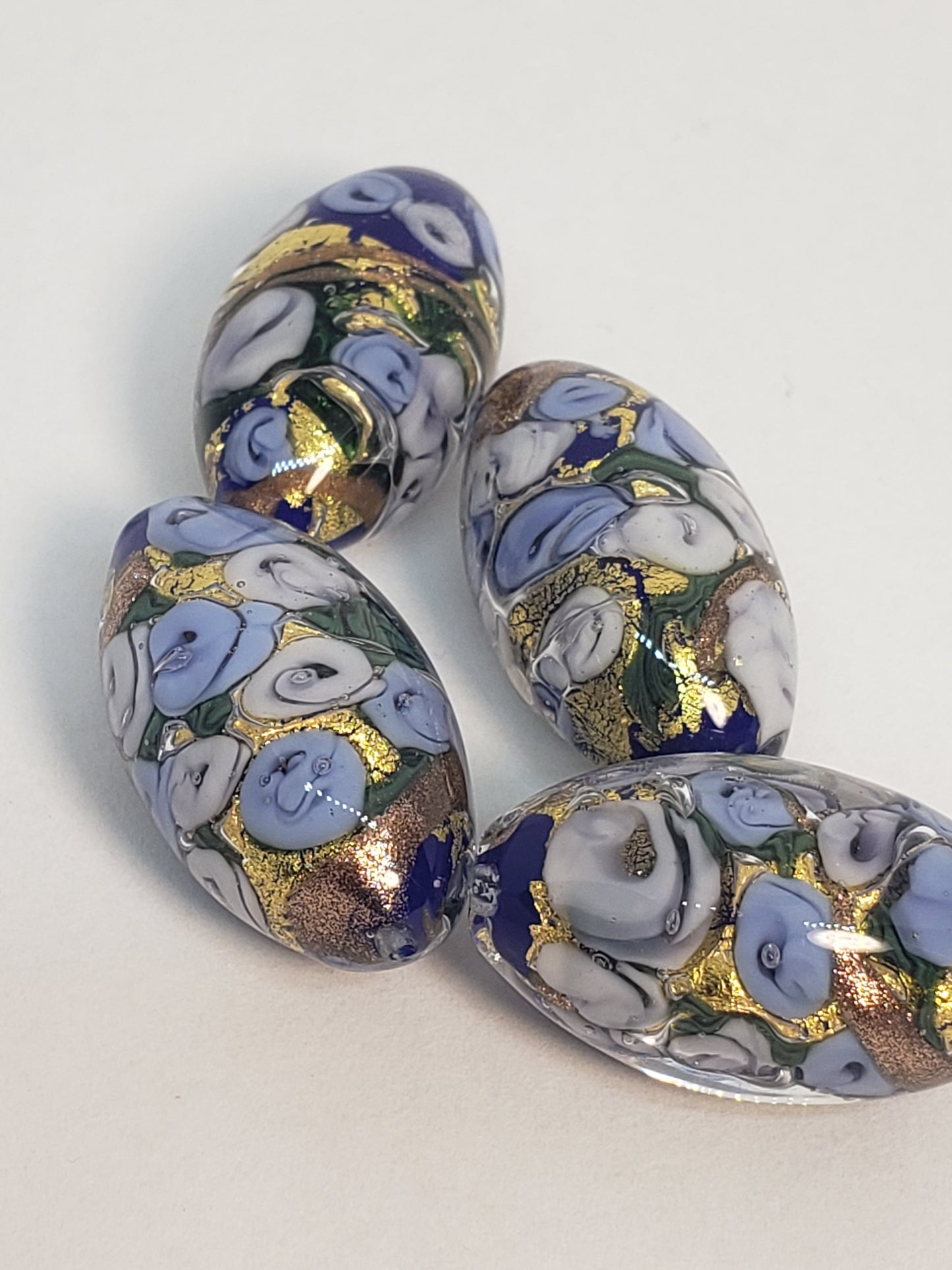 Dark Blue Floral Oval Glass 12x22mm 1piece