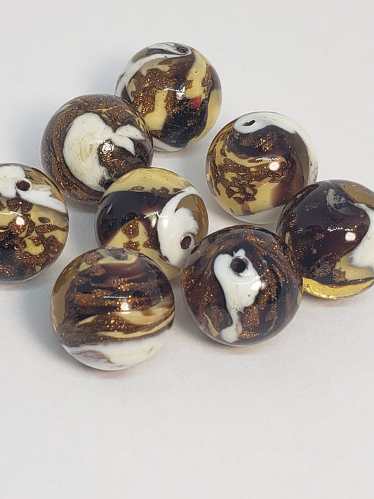 Mocha/Glitter Swirl Marble Round Glass 14mm 1piece
